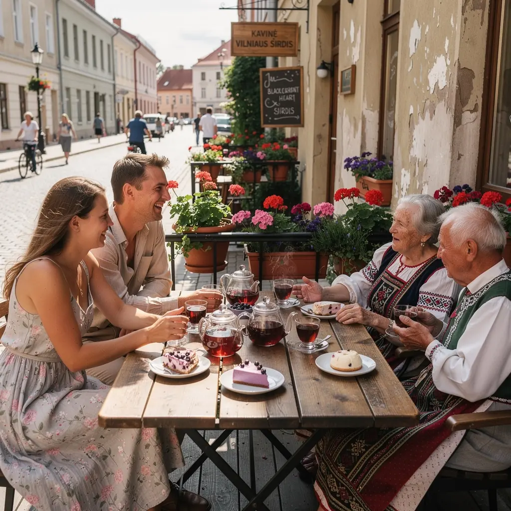 Juodųjų serbentų širdies arbatos puodelis su šviežiais uogų lapais.